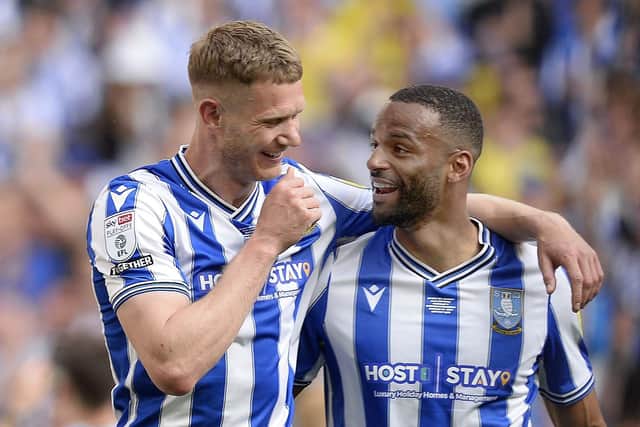 Sheffield Wednesday's Michael Ihiekwe and Michael Smith after sealing a second consecutive promotion. (Steve Ellis)