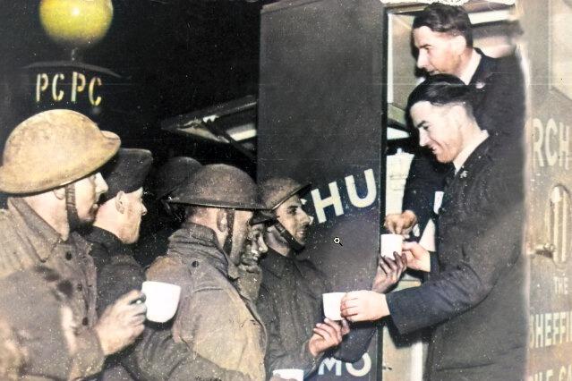 Colourised picture shows a mobile canteen in operation after the Sheffield Blitz in 1940