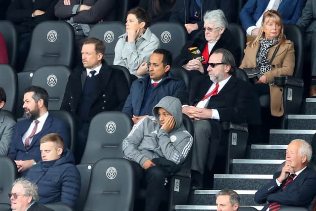 Sheffield United CEO Stephen Bettis, director Abdullah bin Yousef Alghamdi and acting chairman Yusuf Giansiracusa during the Sky Bet Championship match against Coventry City at Bramall Lane: Simon Bellis / Sportimage