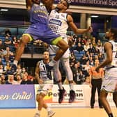Marcus Delpeche score for the Sheffield Sharks against Cheshire Phoenix at Ponds Forge in the BBL Championship. Photo: Bruce Rollinson.
