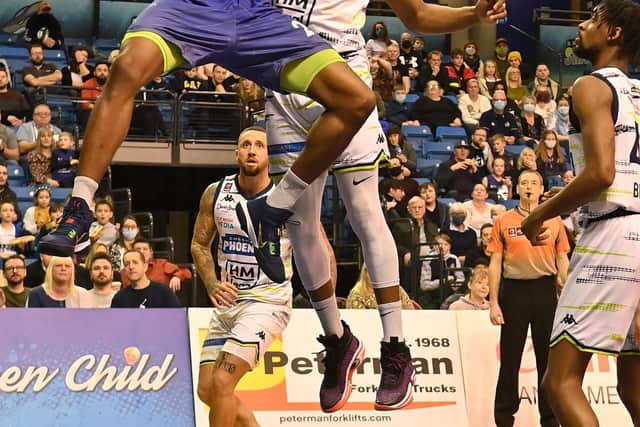 Marcus Delpeche score for the Sheffield Sharks against Cheshire Phoenix at Ponds Forge in the BBL Championship. Photo: Bruce Rollinson.