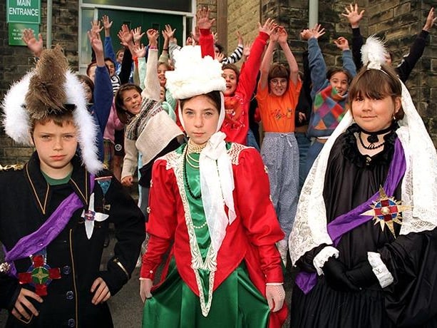Pupils at Nether Green Junior School have a practice run with their costumes for the Sheffield Children's Festival in June 1997. At the front, from left to right, are Thomas Doolan as the Duke of Connaught, Josie Ashe as Princess Christian, and Anne Pawsey as Queen Victoria