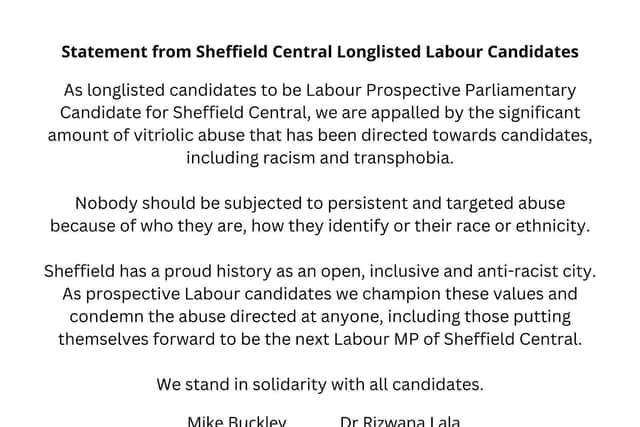 The statement from the six candidates who are vying to become the next Labour politician to replace MP Paul Blonfield when he stands down. It condems 'vitriolic abuse' including racism and transphobia that candidates have been subjected to