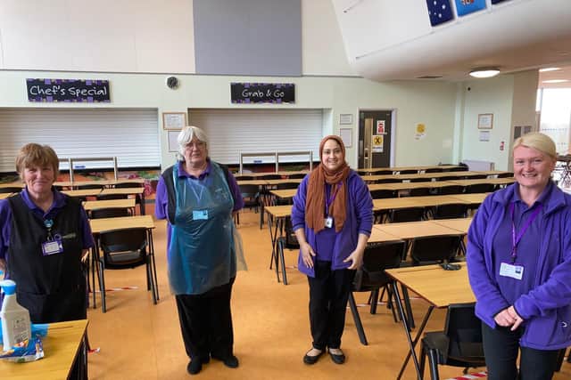 These ladies have kept students safe and the dining area clean every day during the pandemic. The school has had key worker students and vulnerable students as normal, and this has only been able to happen due to these remarkable people. Picture by Outwood Academy City.