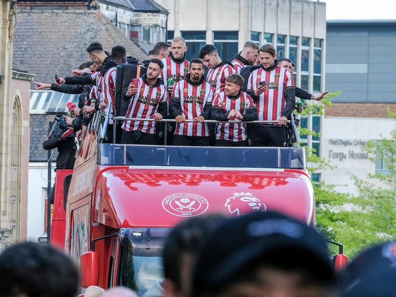 Sheffield United's players celebrate their promotion to the Premier League