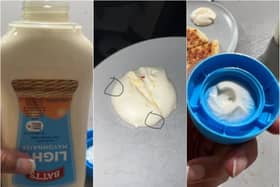 The dad says he found bits of blue plastic inside a bottle of mayo from Lidl.