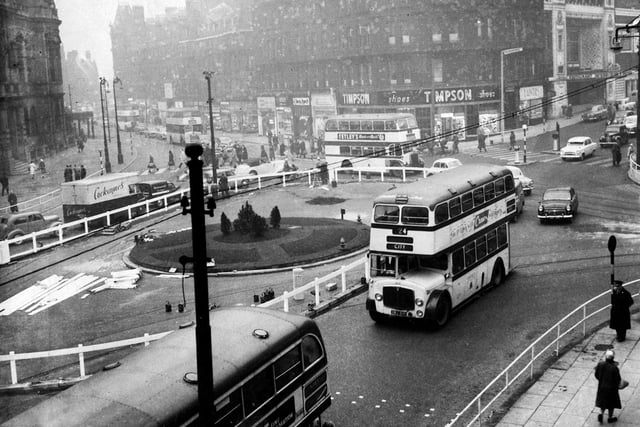 With the trams gone, it was 'buses only' from late 1960 and Sheffield Corporation experimented with a temporary roundabout in Town Hall Square