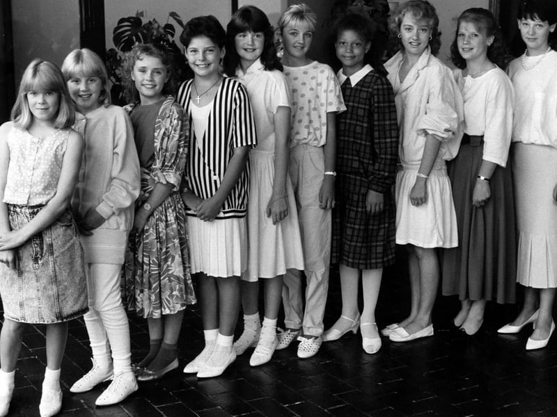 Coronation Street star Angela Griffin (fourth from the right) pictured in 1987, during a photocall for Leeds Gala Queen