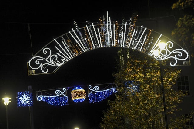 Doncaster town centre lit up by the festive light decorations