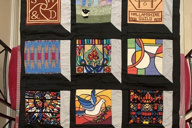 Members were invited to create a small panel inspired by stained glass using one or more of our crafts. These were then sewn together to make this banner.