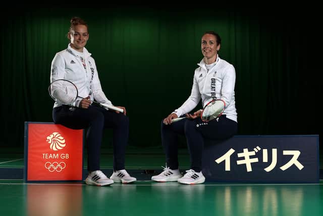 Lauren Smith (L) and Chloe Birch (R) of Great Britain in the Badminton team selected to Team GB for the Tokyo 2020 Olympic Games. (Photo by Ryan Pierse/Getty Images for British Olympic Association)