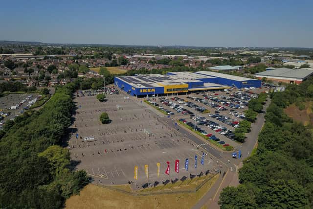 Aerial view of shoppers waiting to get inside the Wednesbury Ikea which has opened today for the first time since it closed due to the Coronavirus lockdown.  June 1 2020