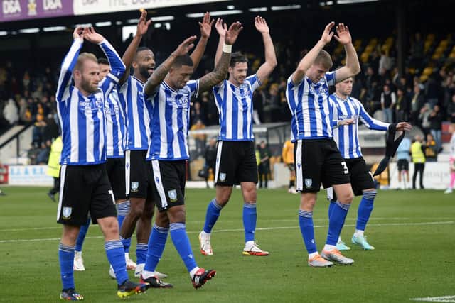 Sheffield Wednesday players celebrate a 2-0 victory at Cambridge United. Pic: Steve Ellis.