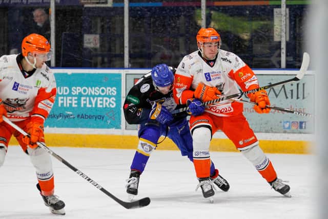 Cole Shudra contests the puck for Sheffield Steelers. Picure: Dean Woolley
