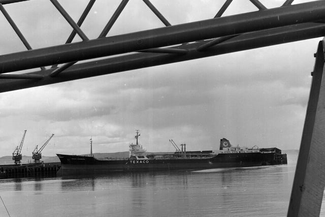 The enormous Texaco Caribbean Tanker docked at Granton Harbour in 1965.