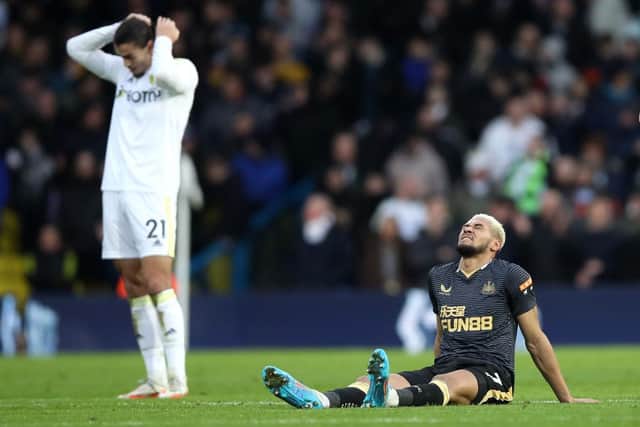 Joelinton breaks down at Elland Road with a groin problem.