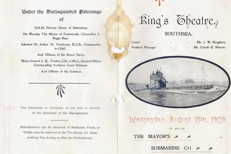 The recently-discovered programme for the fund-raising special matinee at the Kings theatre, Southsea, in aid of relatives of the men who died in the submarine C11.