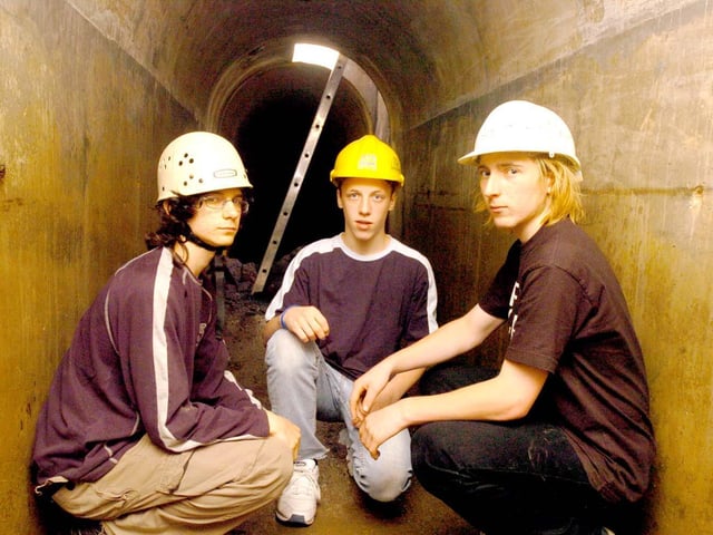 King Edward V11 AS Archaeology students Richard Scholey, John Crowley and James Hughes-Lawson pictured in the WW11 air raid shelter under the school in 2005