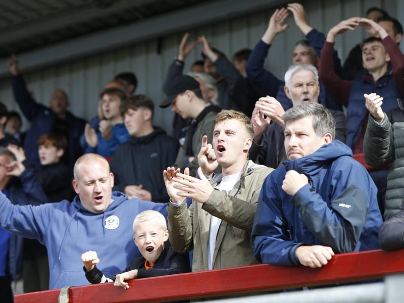 Portsmouth fans in the away end at Highbury Stadium, Fleetwood on opening day of the season. Picture: Paul Thompson