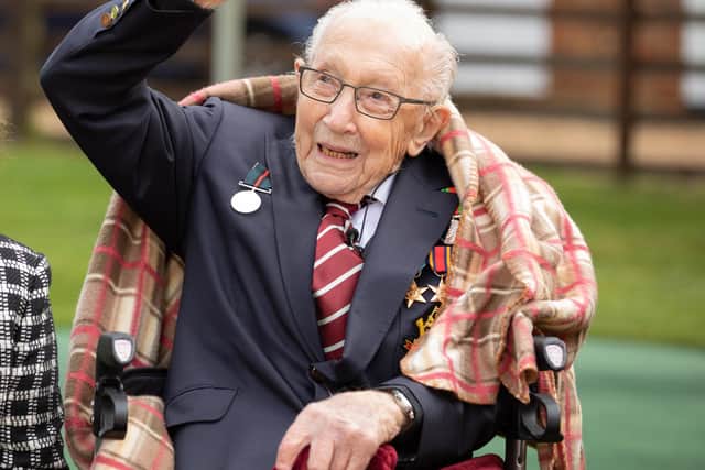 Colonel Tom Moore celebrates his 100th birthday with an RAF flypast provided by a Spitfire and a Hurricane over his home. Photo: Emma Sohl - Capture the Light Photography via Getty Images.