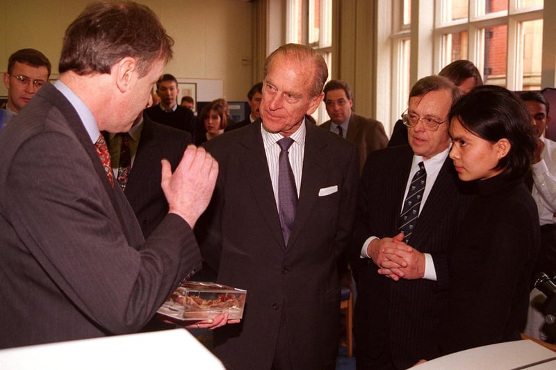 The Duke of Edinburgh chats to  Academics and medical students in the Tapestry Room at Firth Hall Sheffield University.