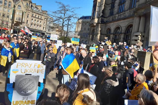 Protest against the war in Ukraine in front of Sheffield Town Hall, Sunday Feb 27.
