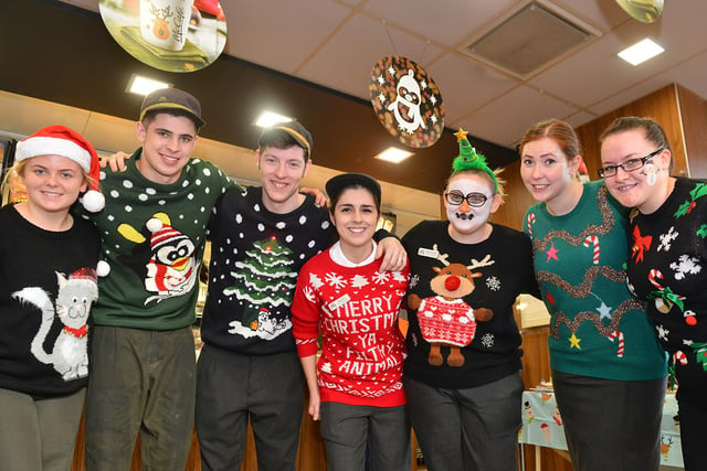 Katie Mahoney, Ross Kidson, Adam Dobson, Rachael Callaghan, Denise Noble, Kym Thompson and Jordan Readman pictured during the Mcdonalds Burn Road charity Christmas jumper day in 2015.