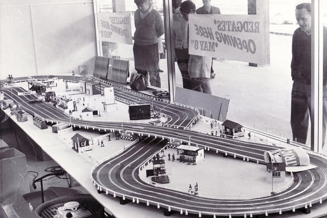Redgates toy shop window showing miniature racing circuit in  May 1968 prior to that it moved back to Moorhead in 1954  followed, in 1962, to Furnival Gate.
