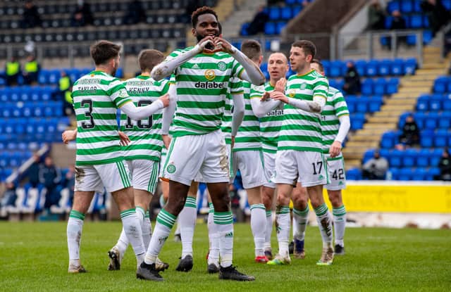 PERTH, SCOTLAND - FEBRUARY 14: Odsonne Edouard celebrates after scoring to make it 2-1 during a Scottish Premiership match between St Johnstone and Celtic at McDiarmid Park, on February 14, 2021, in Perth, Scotland. (Photo by Ross Parker / SNS Group)