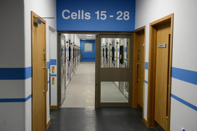 The South Yorkshire Police Custody and Crime Centre at Shepcote Lane in Sheffield. The corridors leading to more police cells