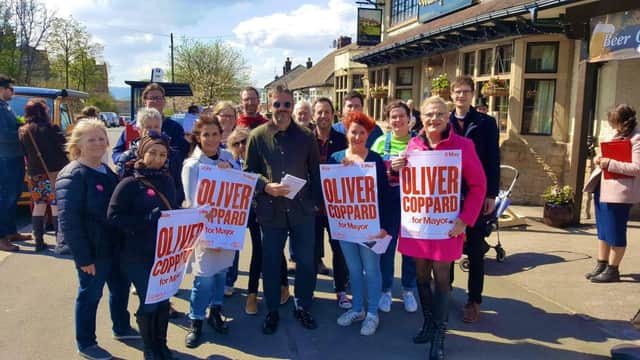 Eddie Izzard in Walkley, Sheffield, showing her support for Labour's South Yorkshire mayoral candidate Oliver Coppard (pic: @benmiskell/Twitter)