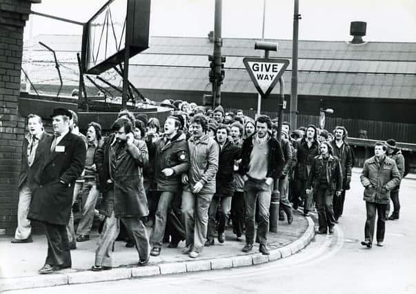 Pickets from Hadfields Limited on the march during the steel strike in 1980