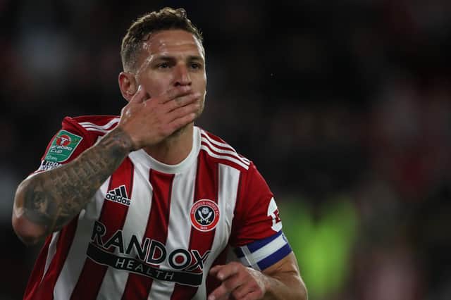 Billy Sharp of Sheffield United celebrates scoring during the Carabao Cup match against Derby County at Bramall Lane: Alistair Langham / Sportimage