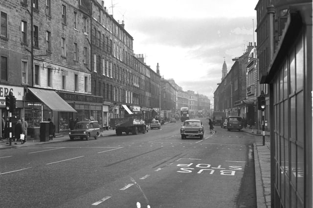 Traffic and shops in Clerk Street Newington, Edinburgh, in January 1968. Rankin's had a fruit shop at St Patrick Square.