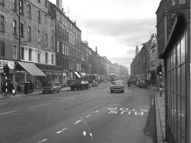 Traffic and shops in Clerk Street Newington, Edinburgh, in January 1968. Rankin's had a fruit shop at St Patrick Square.