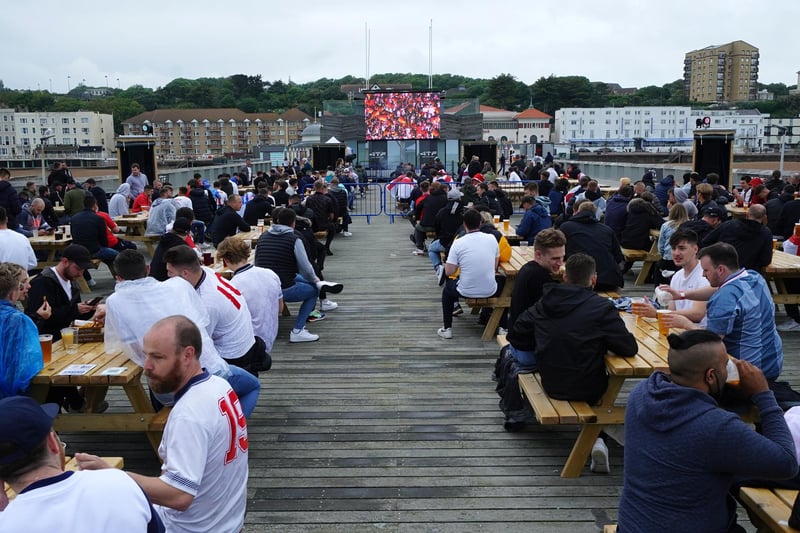 England fans in East Sussex watch the game via a big screen set up in a fan zone on Hastings pier (Chris Eades/Getty Images)