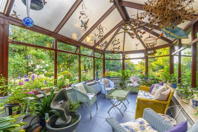 The conservatory is a blaze of colour. Complete with central-heating radiators and surrounding windows.
