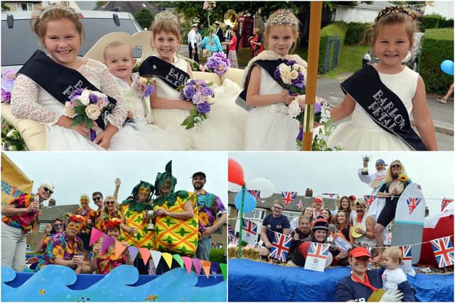 Barlow Carnival royalty, Yew Tree Farm's prize-winning float, Tickled Trout float, pictured clockwise from top.