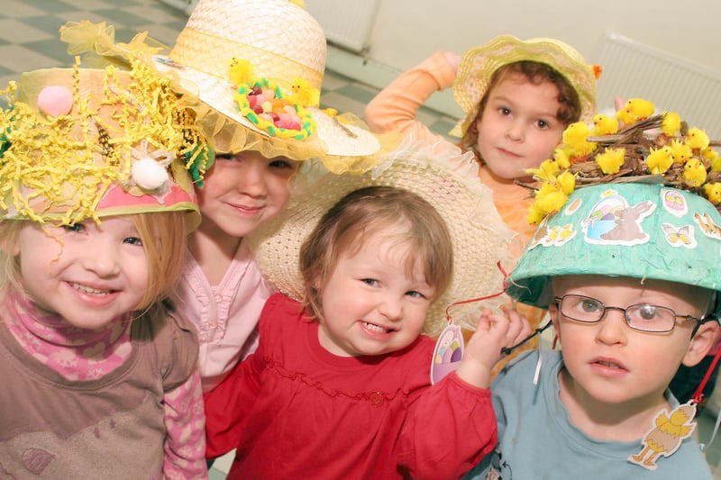 ABC Nursery's  Layla Davies, charlotte Owne, Isobel Moorley and Sam Nichols with Gracie Owen in middle have fun with Easter bonnets.