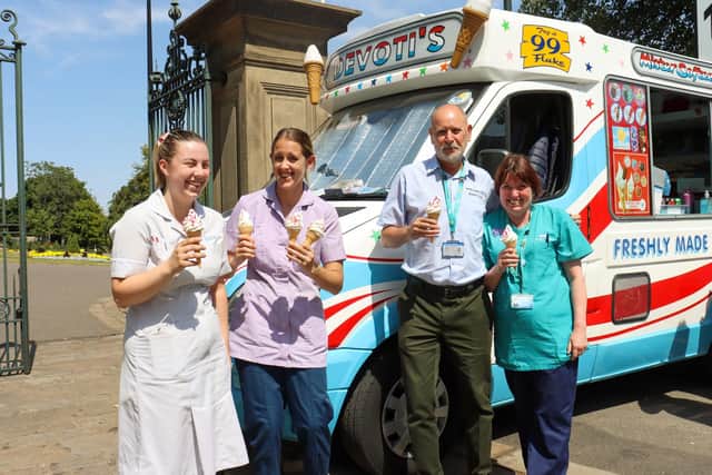 The Trust posted pictures of happy staff claiming their free treat from an ice cream van parked outside the entrance to Weston Park. Picture: Sheffield Children's Hospital NHS Trust and Charity