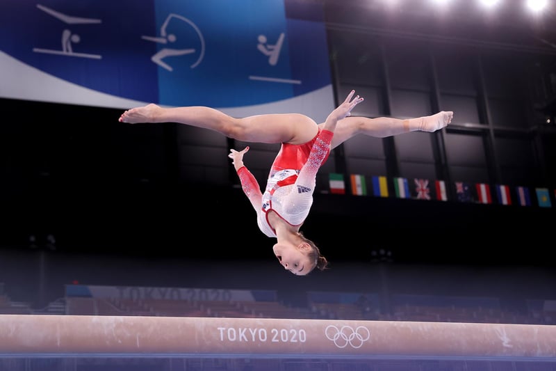 Jennifer Gadirova of Team Great Britain competes on balance beam during the Women's Team Final on day four of the Tokyo 2020 Olympic Games at Ariake Gymnastics Centre