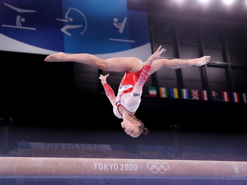 Jennifer Gadirova of Team Great Britain competes on balance beam during the Women's Team Final on day four of the Tokyo 2020 Olympic Games at Ariake Gymnastics Centre