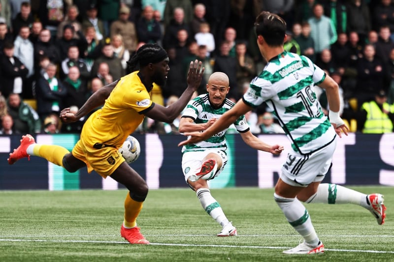 Daizen Maeda scores Celtic’s third goal in the win over Livingston last weekend