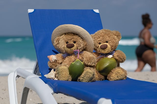 John James and bob the teddy bears relaxing on the beach of Varadero in Cuba . 
These adorable teddy bears could be the world's most well-travelled cuddly toys - as their photographer owner has chronicled their adventures in 27 different countries. Christian Kneidinger, 57, has been travelling with his teddy bears, named John and Bob since 2014 - and his taken them to some of the world's most famous landmarks. The teddy bears have dressed up in traditional Emirati clothing to visit the Sultan's Palace in Oman, and have braved the cold on a glacier on Lofoten Island in Norway.