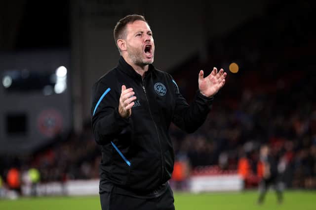 Queens Park Rangers manager Michael Beale celebrates after victory at Sheffield United: Nigel French/PA Wire.