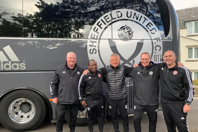 Sheffield United manager Chris Wilder with (from left to right) John Muir, Paul Chidavanezi, Alistair Bayliss and James Kemp: Kevin Cookson