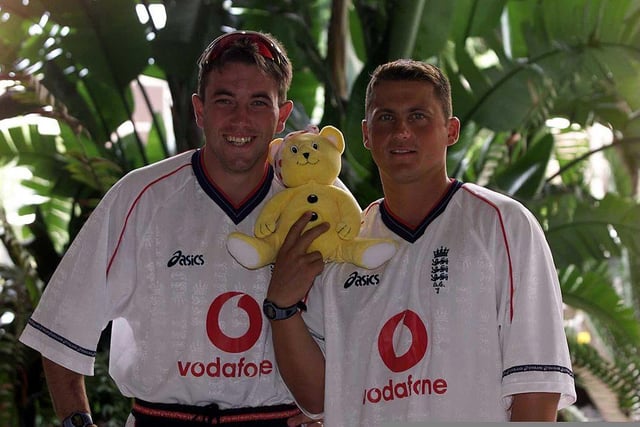A year later, Pudsey returned as the official logo with some updates to his design. The 1986 version saw Pudsey with yellow fur, sporting a white bandana with red spots. The new and improved Pudsey is pictured here in 1999 with Chris Silverwood and Darren Gough at the Wanderers Cricket ground in Johannesburg, South Africa (Photo: Getty/Laurence Griffiths/ALLSPORT)
