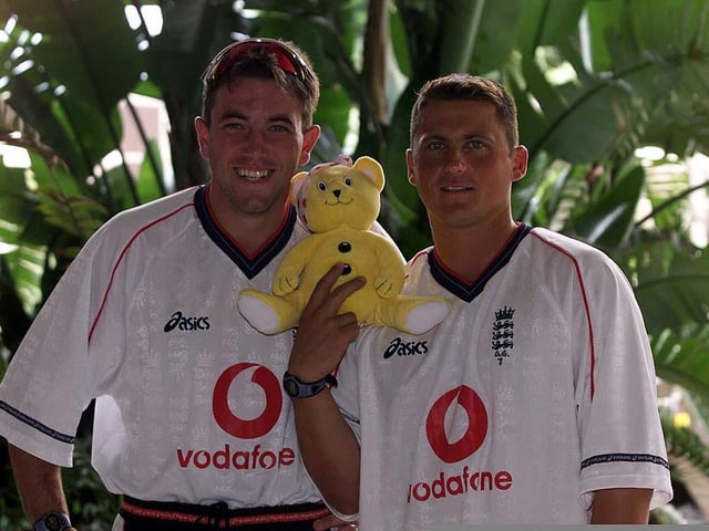A year later, Pudsey returned as the official logo with some updates to his design. The 1986 version saw Pudsey with yellow fur, sporting a white bandana with red spots. The new and improved Pudsey is pictured here in 1999 with Chris Silverwood and Darren Gough at the Wanderers Cricket ground in Johannesburg, South Africa (Photo: Getty/Laurence Griffiths/ALLSPORT)