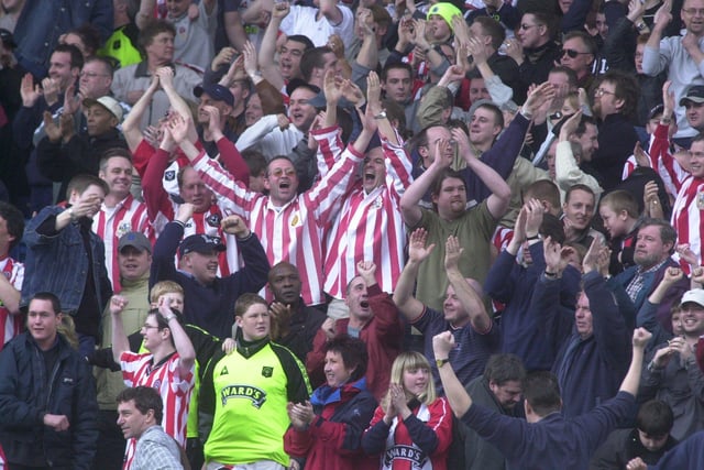 Blades fans celebrate victory over Wednesday at Hillsborough in April 2001