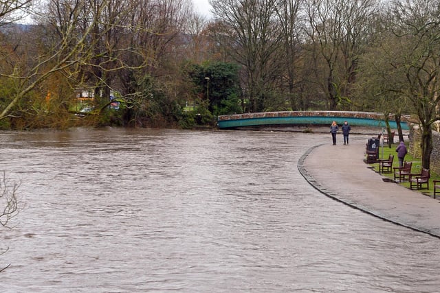The River Wye close to bursting its banks at Bakewell.